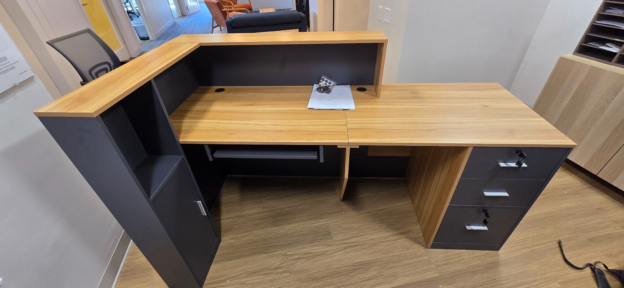 Assembled reception desk in an office